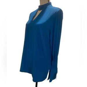 Akris Women’s Blue Long Sleeve Blouse Stand Collar New Size 10 *